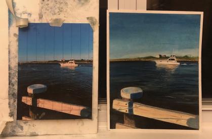 Painting depicts a calm coastal scene with a white motorboat moving across dark blue water, a distant shoreline with small houses, and a wooden dock railing in the foreground.